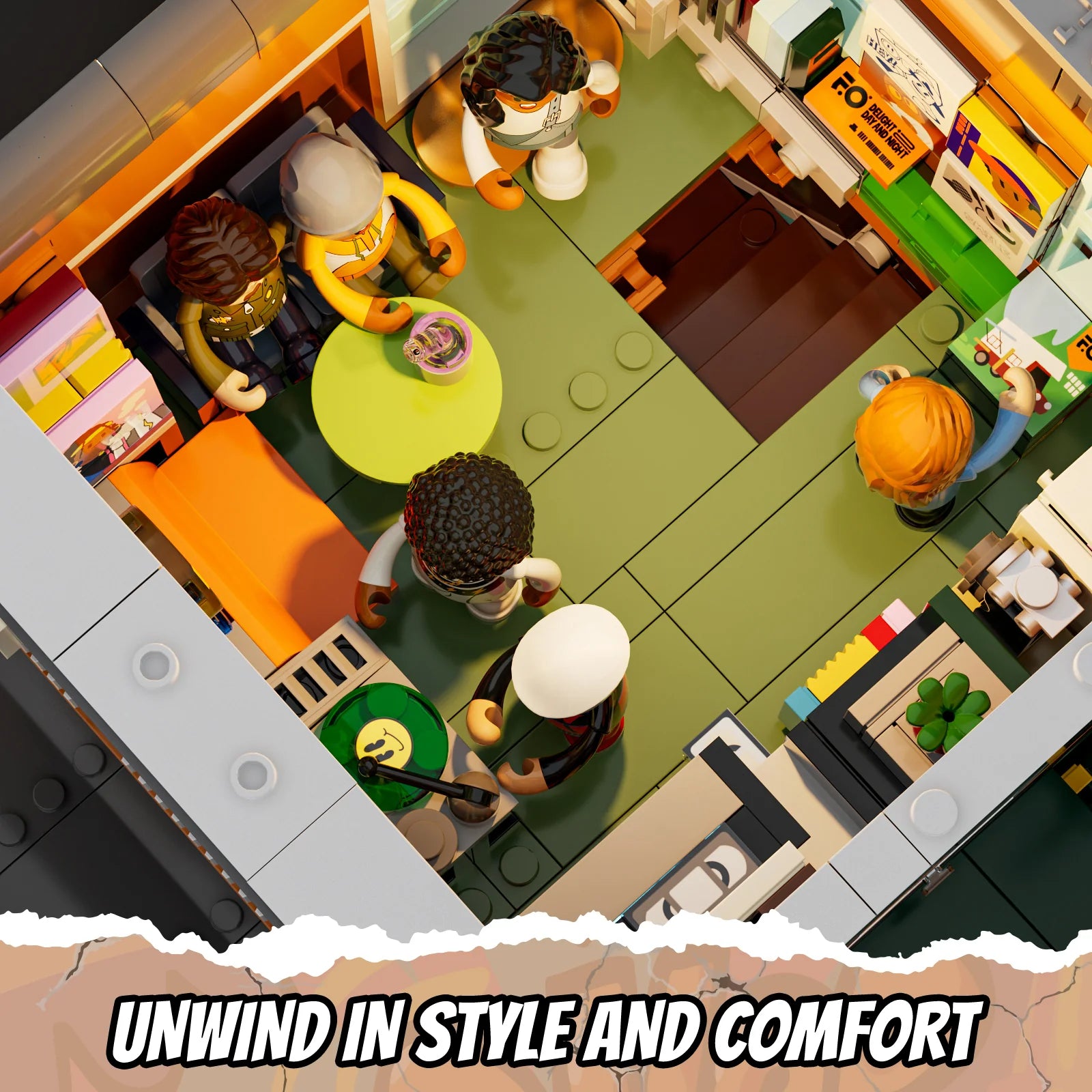 Funwhole Record Store building set featuring a cozy lounge area where mini-figures relax, chat, and enjoy music together
