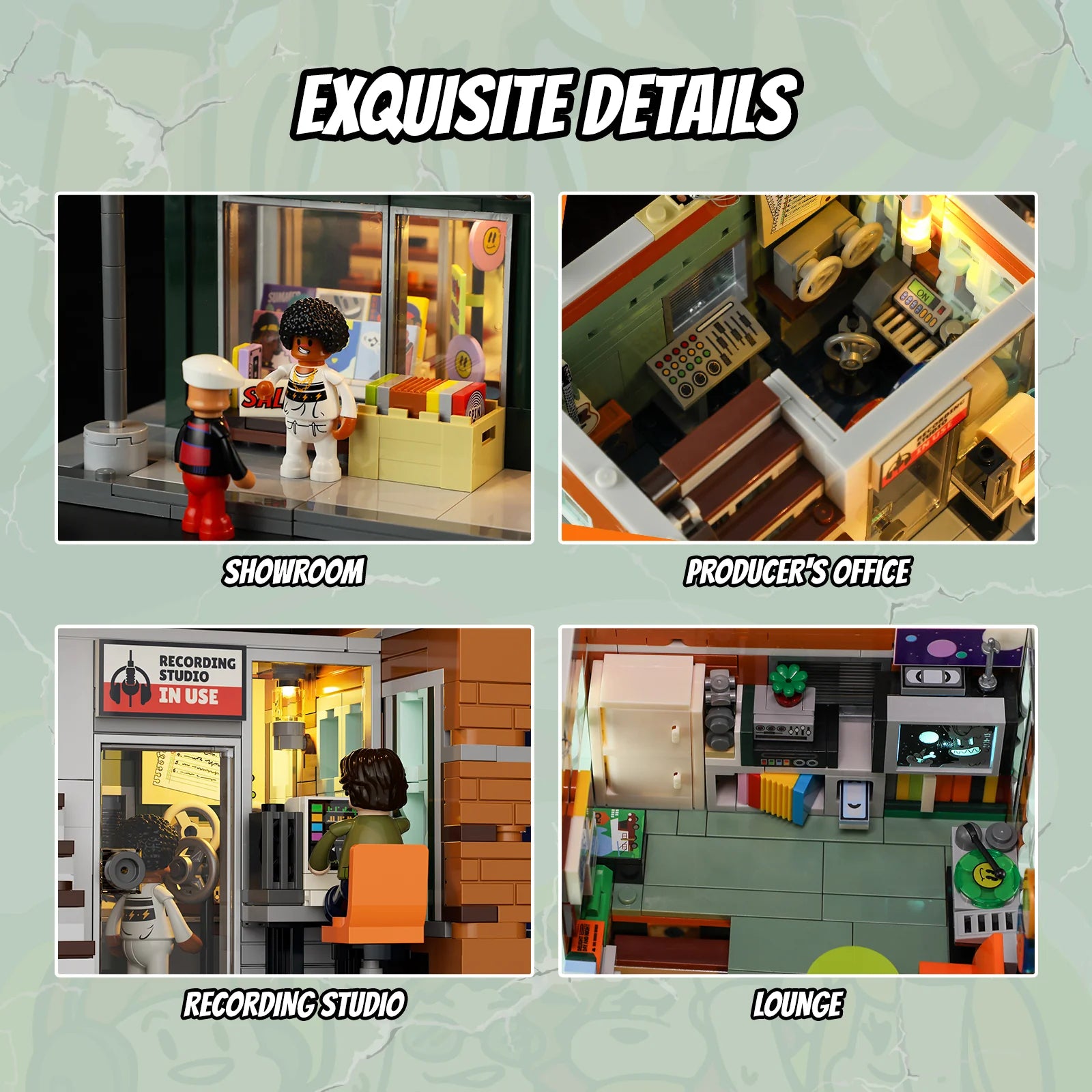 Funwhole Record Store set showcasing showroom, producer’s office, recording studio, and lounge with intricate interior details