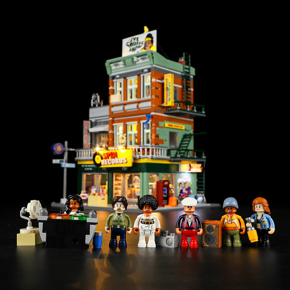 Funwhole Record Store set with minifigures, DJ booth, and LED-lit music shop, capturing retro city vibes and nightlife energy