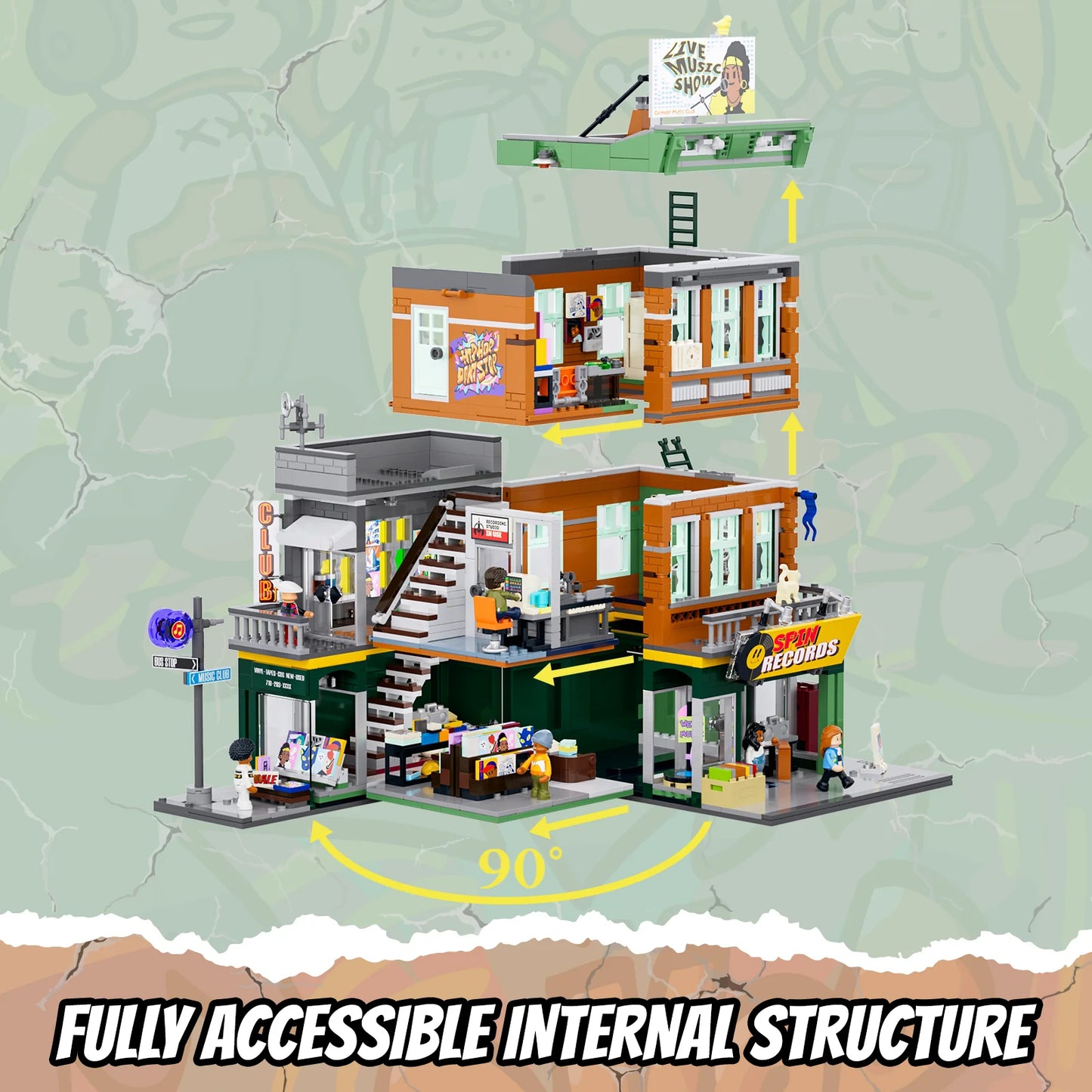 Funwhole Record Store modular building set with fully accessible internal structure and removable floors for easy play.