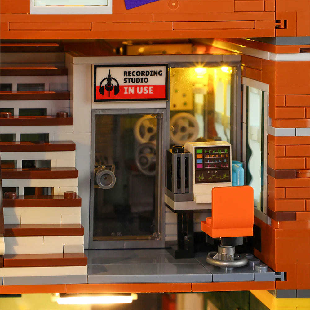 Funwhole Record Store set featuring a detailed recording studio with LED lighting, retro reel-to-reel machine, and workstation