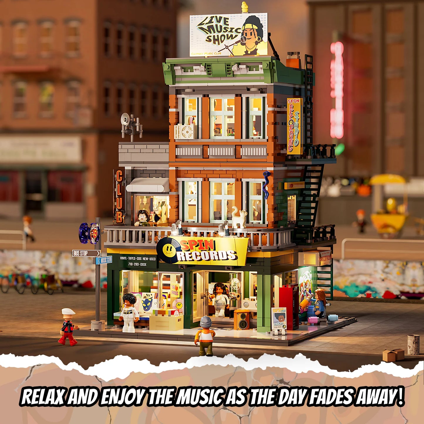 Funwhole Record Store building set featuring Spin Records, LED lights, detailed interiors, and mini-figures in a lively city scene