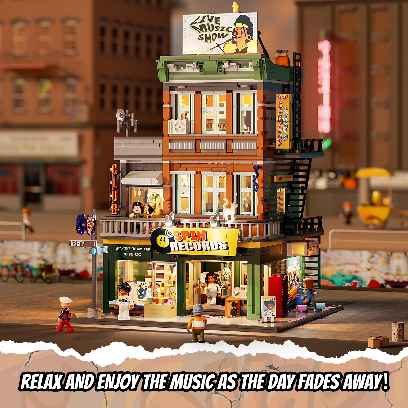Funwhole Record Store building set featuring Spin Records, LED lights, detailed interiors, and mini-figures in a lively city scene