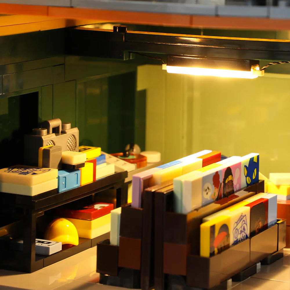 Funwhole Record Store set showcasing a detailed vinyl record display with shelves, a boombox, and warm interior lighting.
