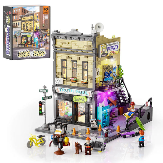 Funwhole Skate Shop building set with LED lights, mini-figures, and urban skatepark design. Perfect for city street displays