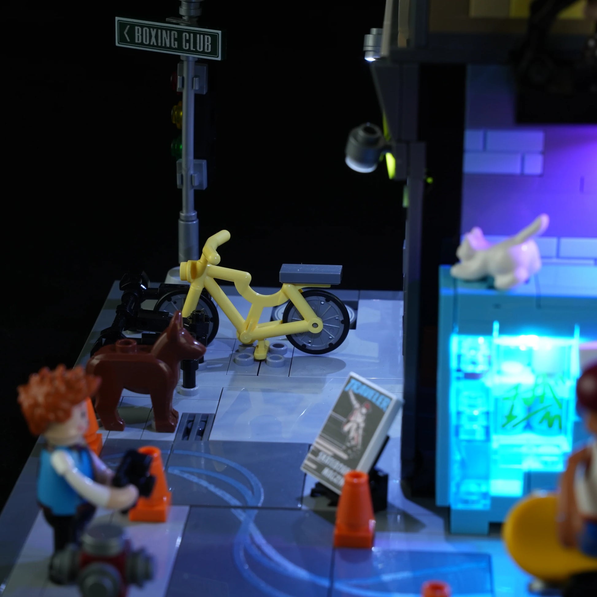 Funwhole Skate Shop city scene featuring a yellow bike, dog, LED-lit vending machine, street signs, and skateboarder