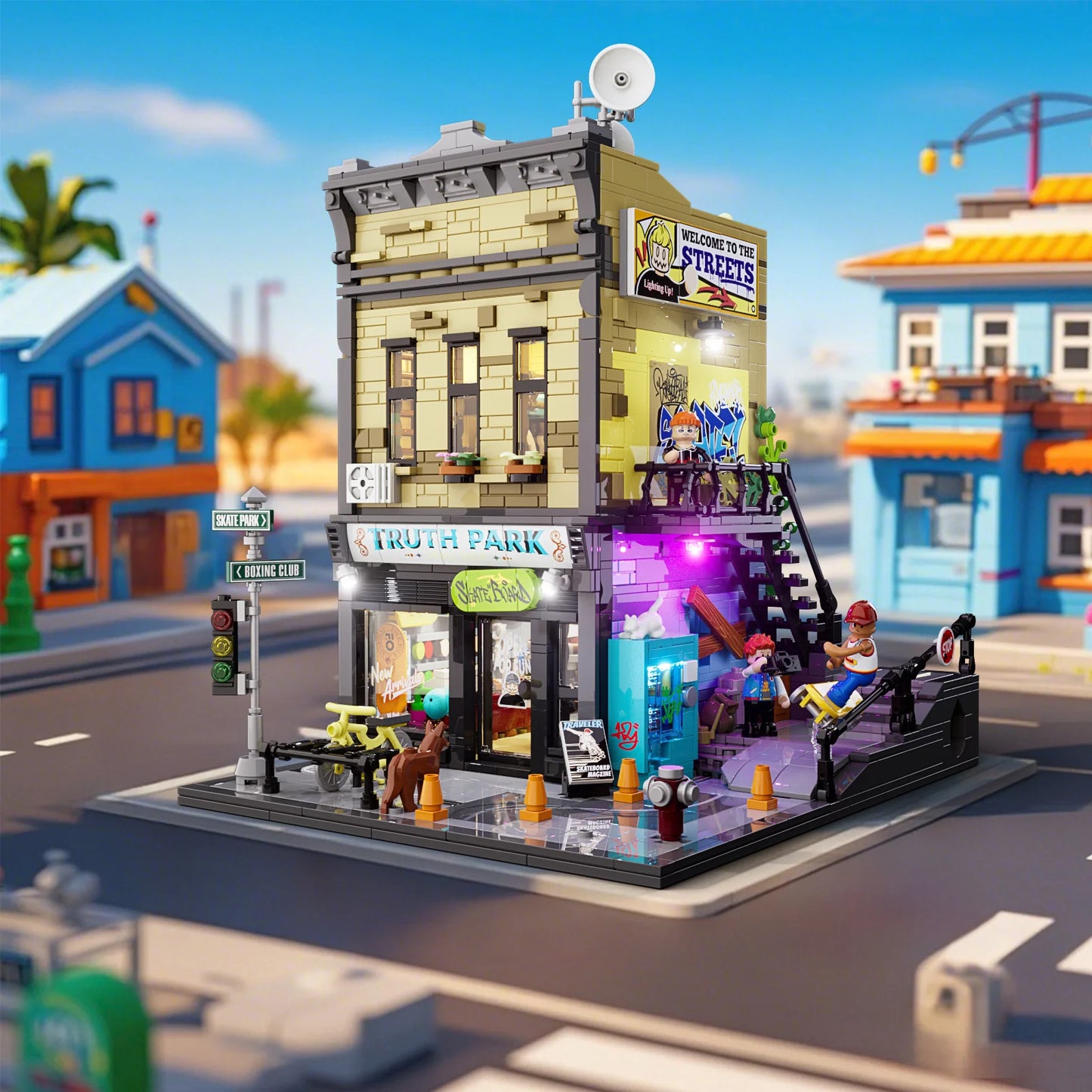Funwhole Skate Shop modular building with LED lights, graffiti, mini-figures, and skateboard ramp in a vibrant city setting