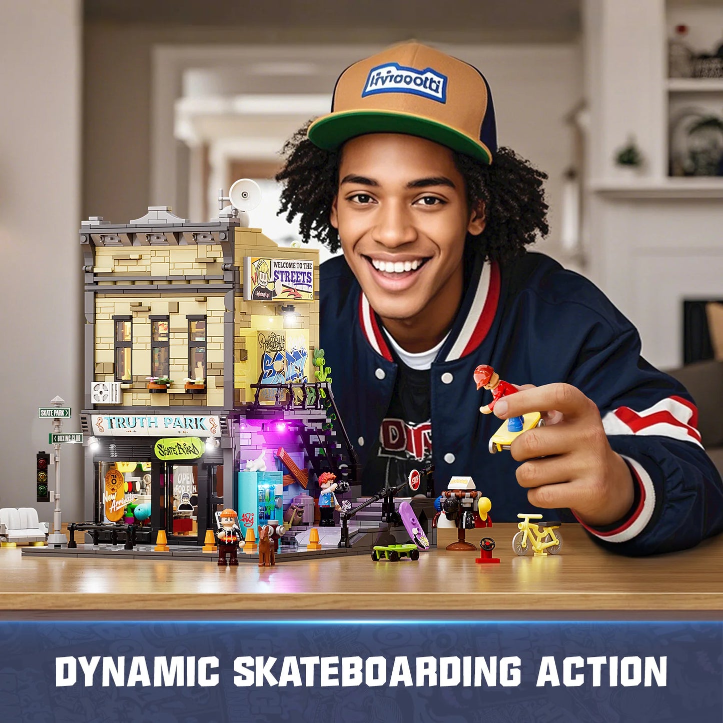 Funwhole Skate Shop set with a smiling skateboarder playing, showcasing dynamic skateboarding action and urban street vibes