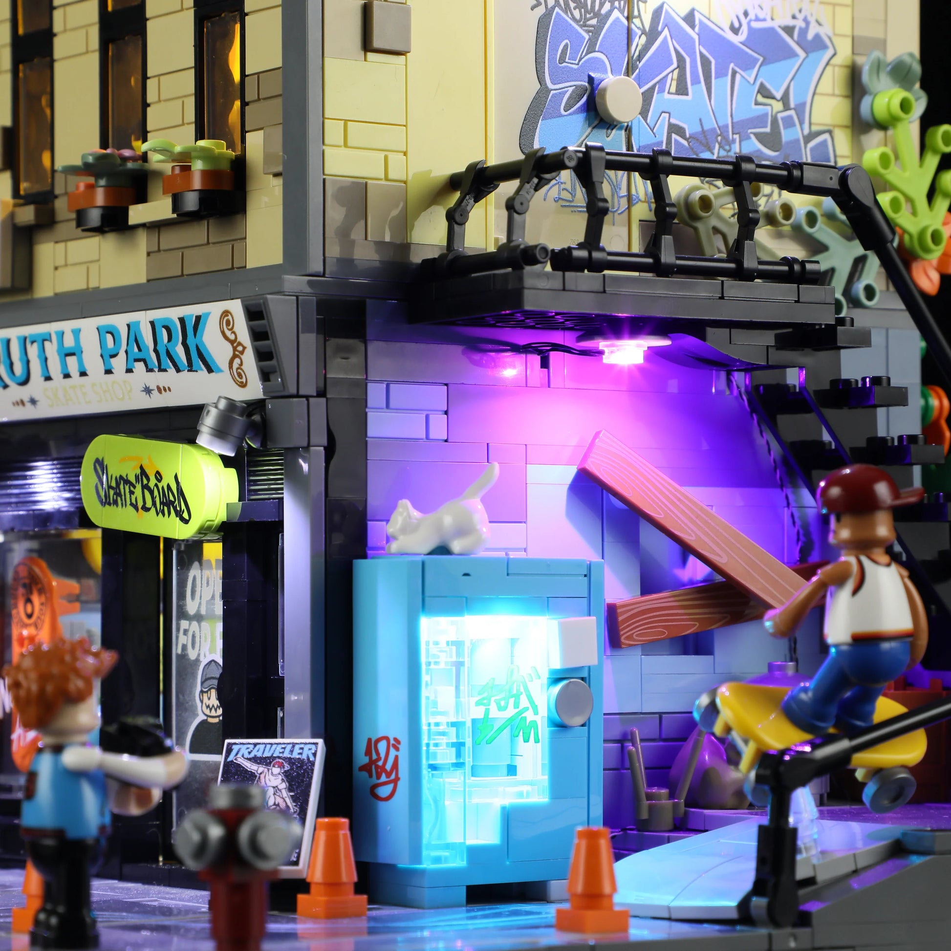 Funwhole Skate Shop with LED-lit vending machine, graffiti wall, skateboarder on rail, and mini-figures in a city alley scene