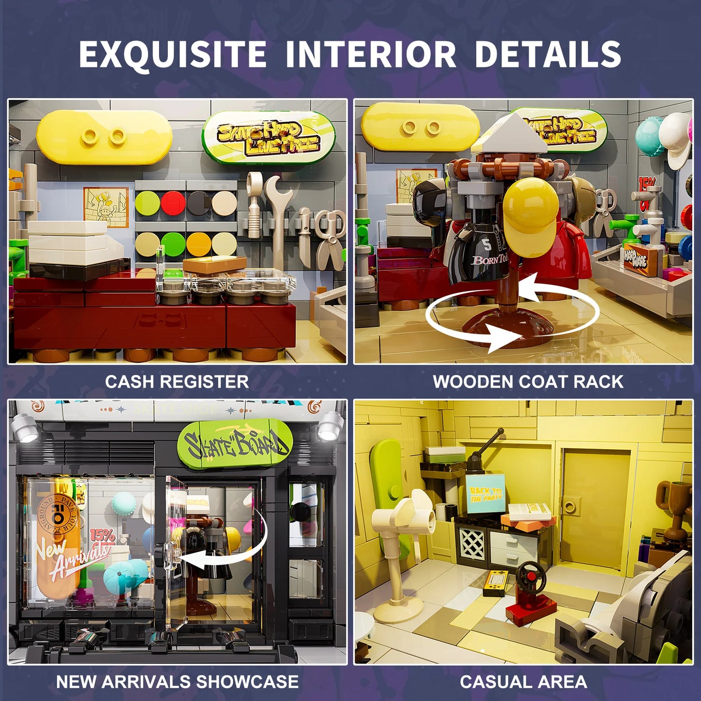 Funwhole Skate Shop interior details featuring cash register, wooden coat rack, new arrivals showcase, and casual area