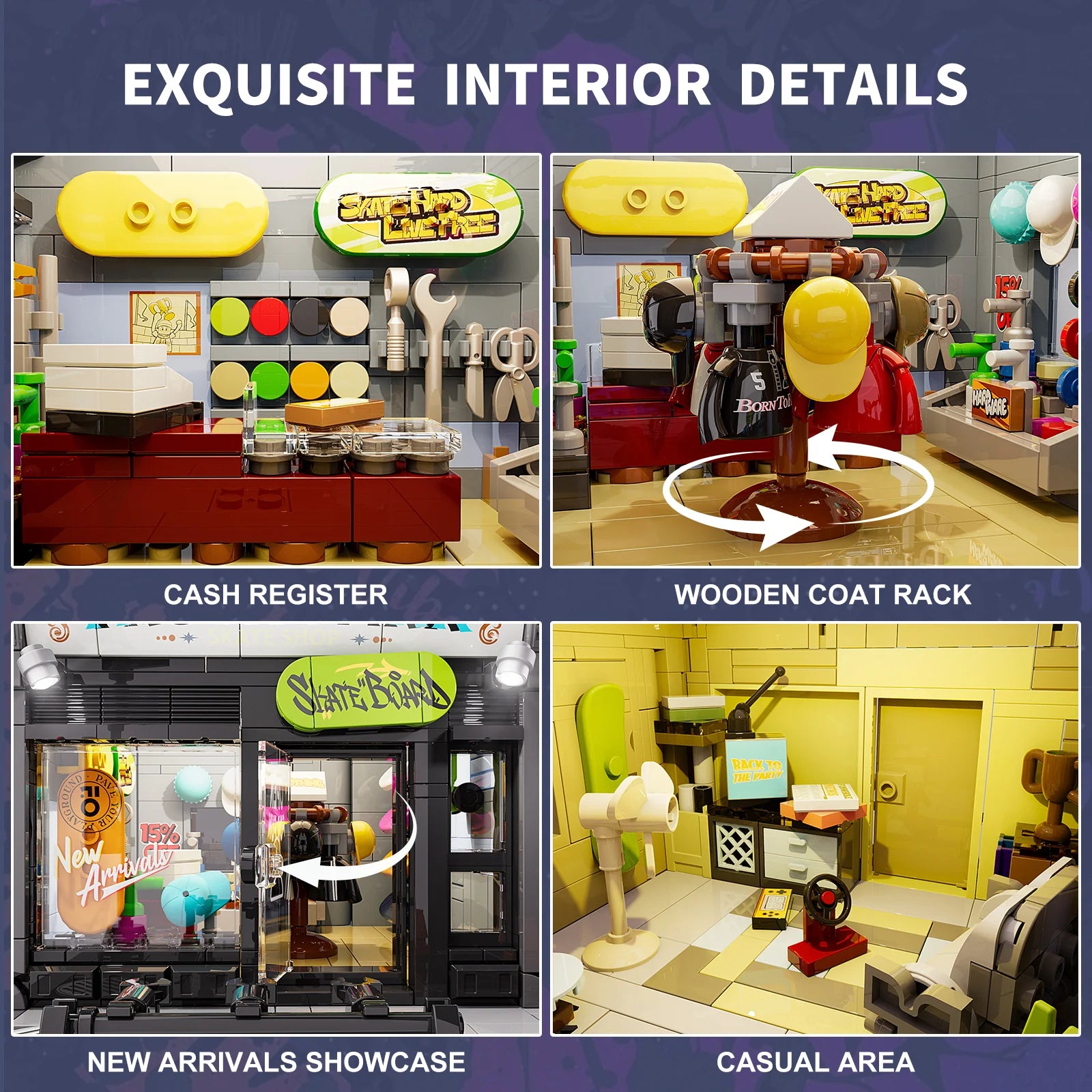 Funwhole Skate Shop interior details featuring cash register, wooden coat rack, new arrivals showcase, and casual area
