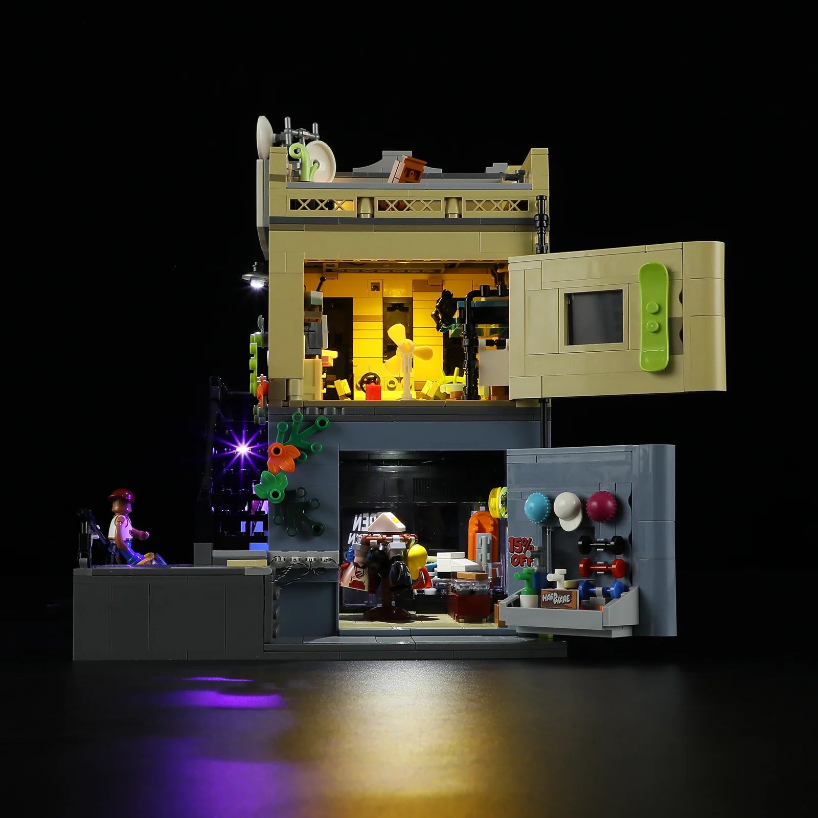 Funwhole Skate Shop set interior at night with LED lights, mini-figures, skate accessories, and an upstairs hidden room