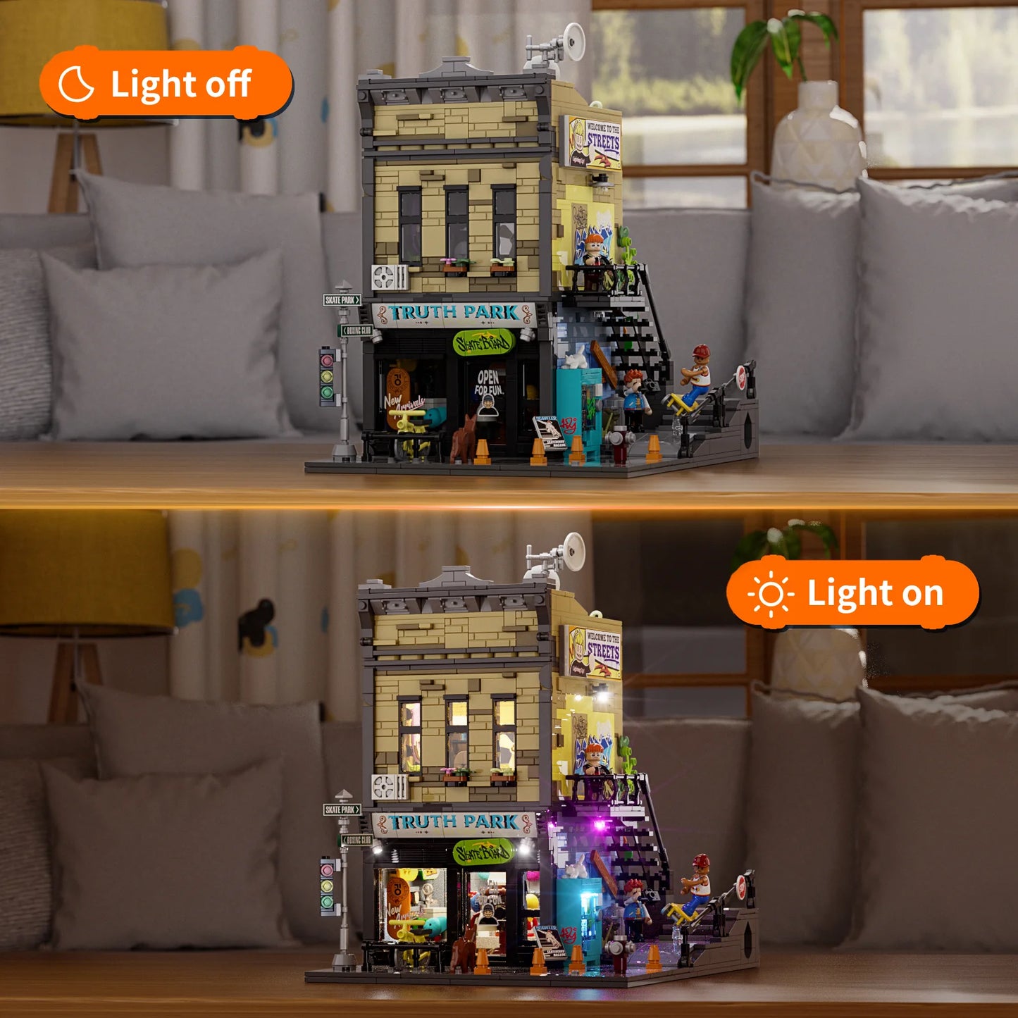 Funwhole Skate Shop light mode comparison showing the set with lights on and off in a cozy indoor setting
