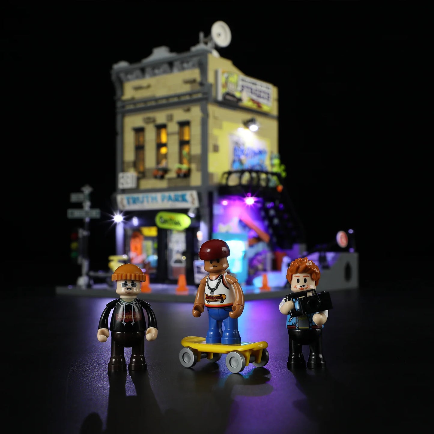 Funwhole Skate Shop set with mini-figures, skateboard, and LED-lit urban scene. Perfect for street-themed LEGO displays