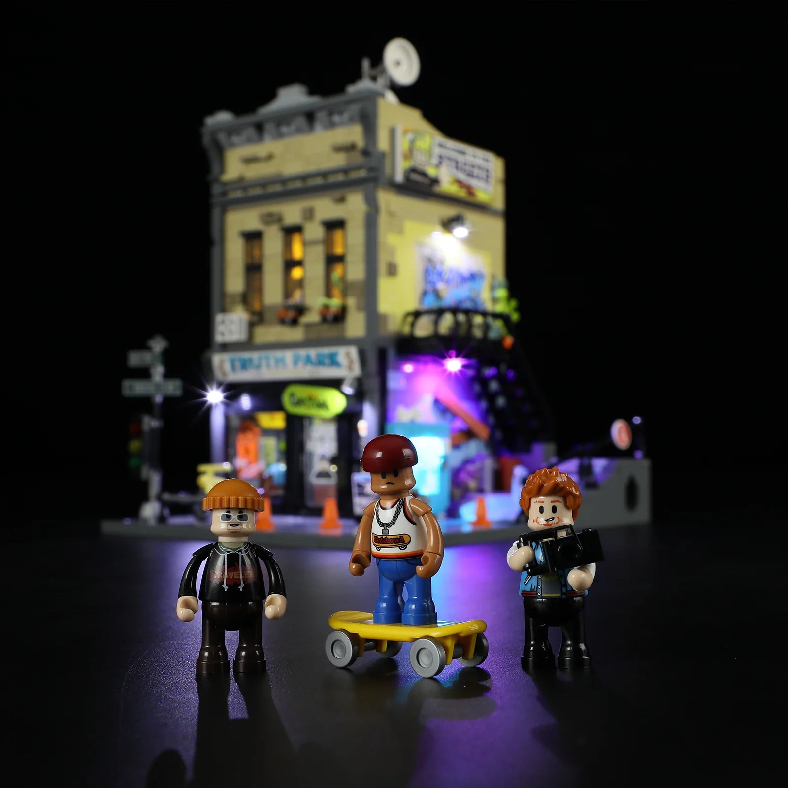 Funwhole Skate Shop set with mini-figures, skateboard, and LED-lit urban scene. Perfect for street-themed LEGO displays