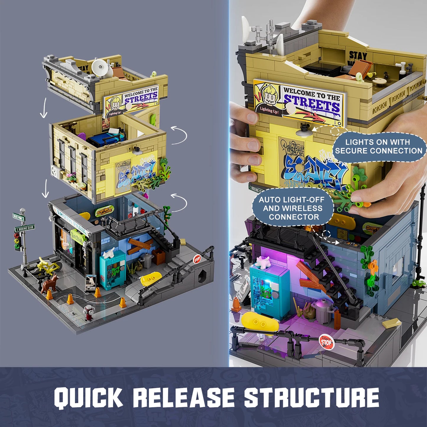 Funwhole Skate Shop modular building with quick-release structure, auto light-off, secure wireless connector, and LED lights