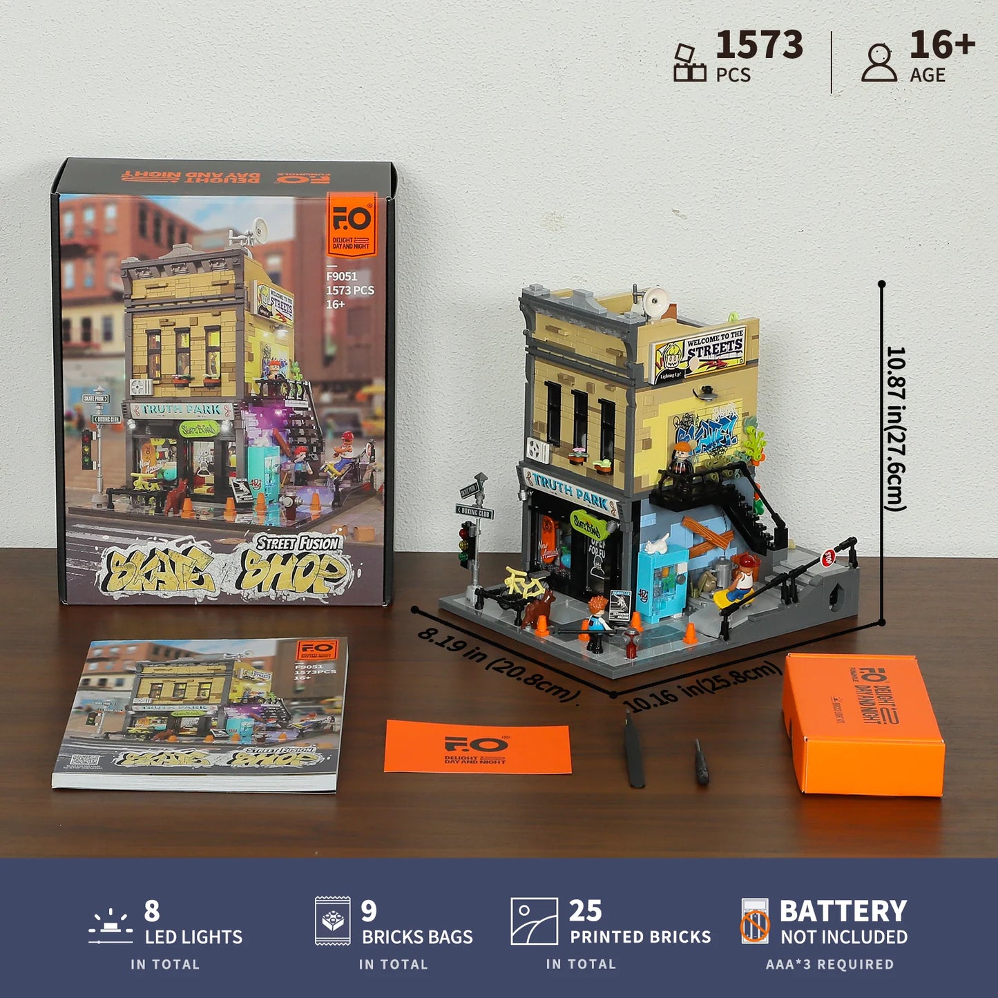 Funwhole Skate Shop set unboxing with box, manual, LED lights, printed bricks, and dimensions displayed for assembly details