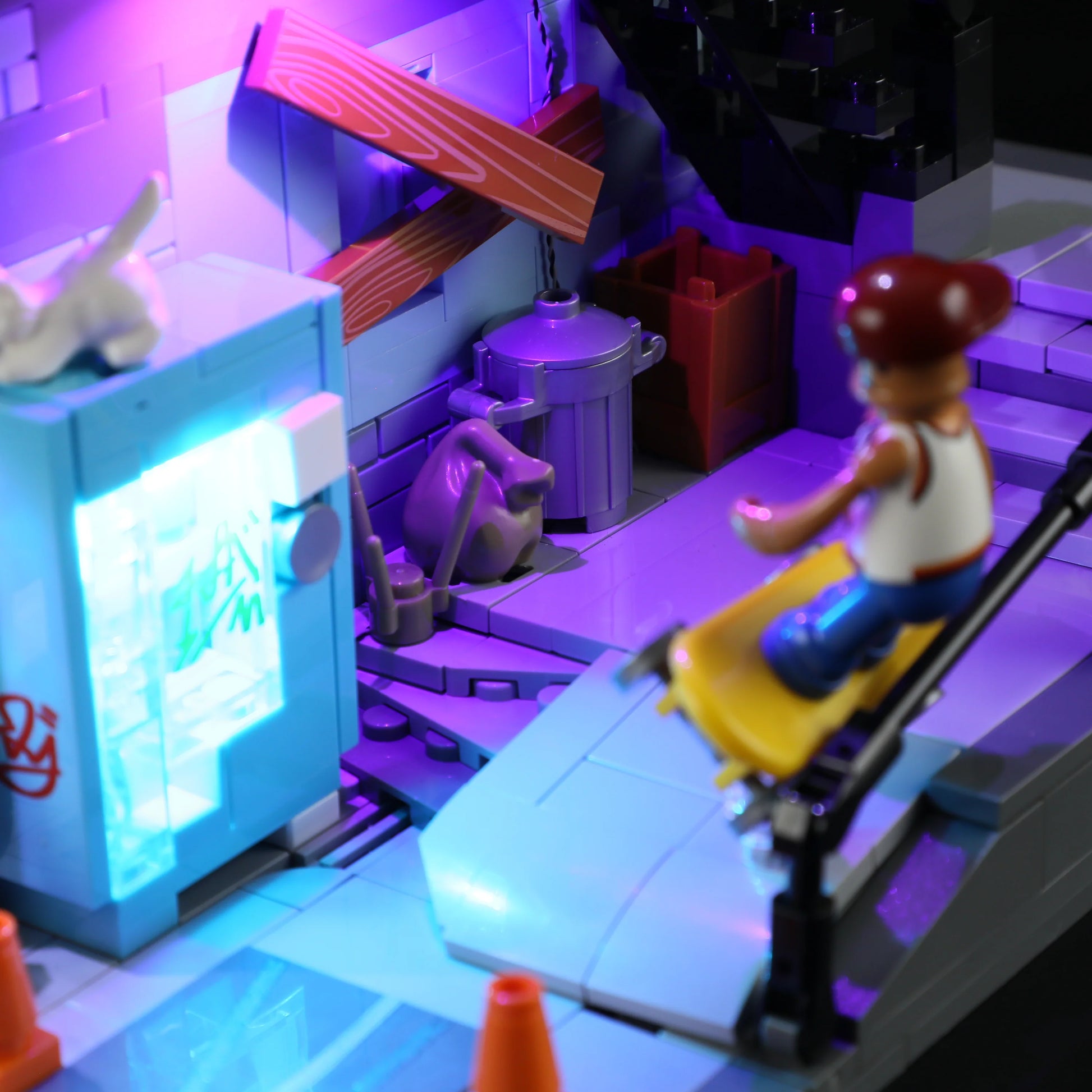 Funwhole Skate Shop street scene with skateboarder grinding a rail, LED-lit vending machine, and urban alleyway details
