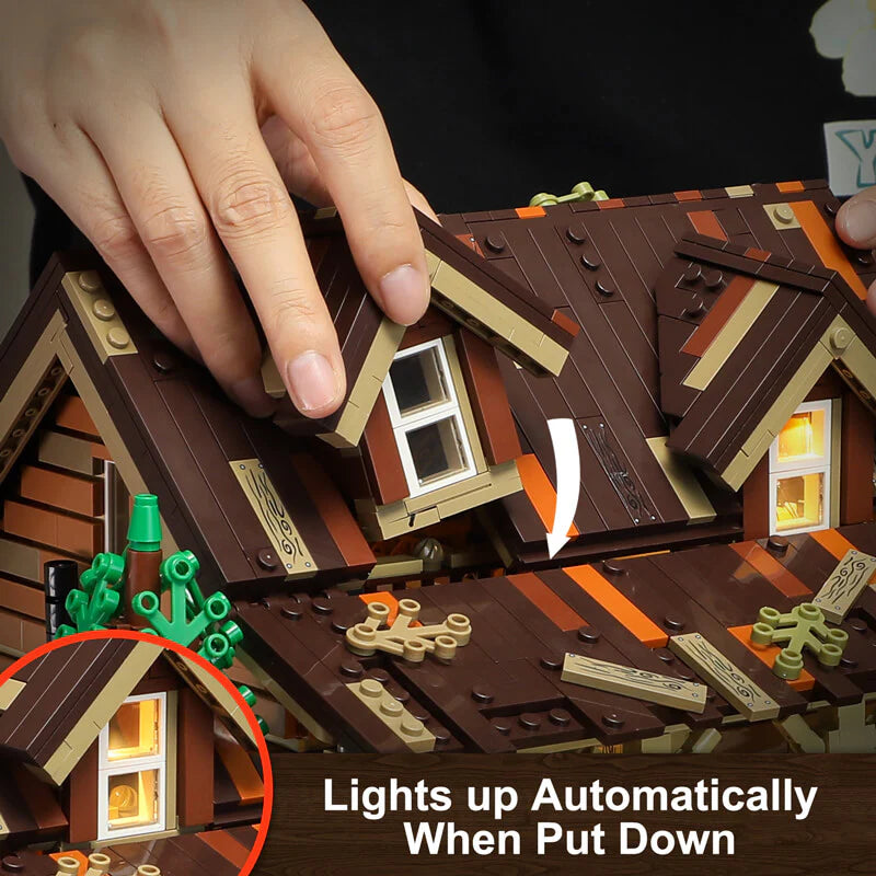 Funwhole Wood Cabin with an automatic lighting roof feature that turns on when placed, adding realism and functionalit