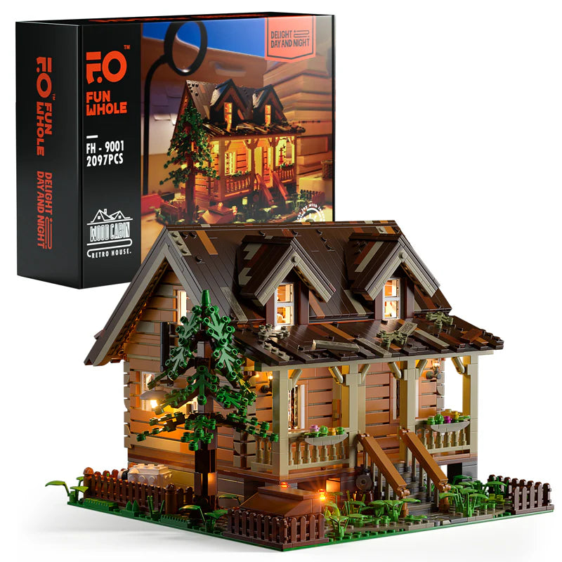 Funwhole Wood Cabin building set with 2097 pieces, LED lighting, and retro house design for immersive building experience