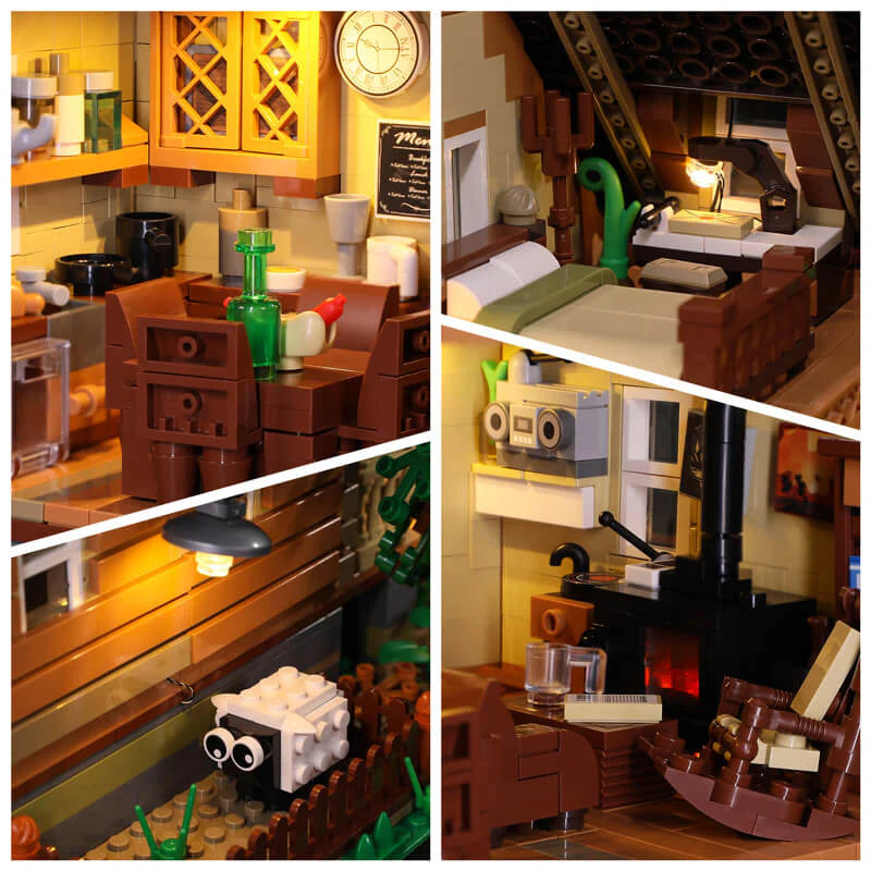 Funwhole Wood Cabin interior details featuring a cozy bedroom, rustic kitchen, wood-burning stove, and outdoor sheep pen