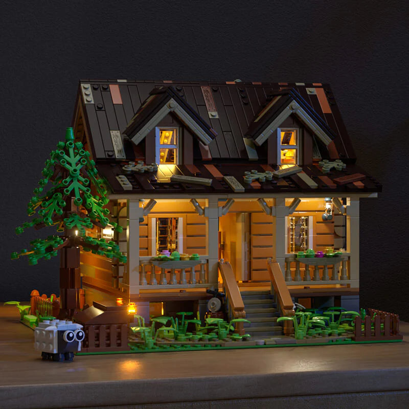 Funwhole Wood Cabin FH9001 with LED lights, rustic design, and detailed interior for an immersive building experience