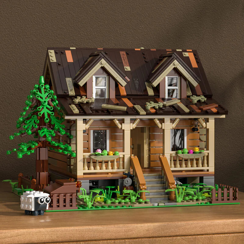 Funwhole Wood Cabin FH9001, detailed log cabin building set with rustic design, greenery, and a charming miniature sheep