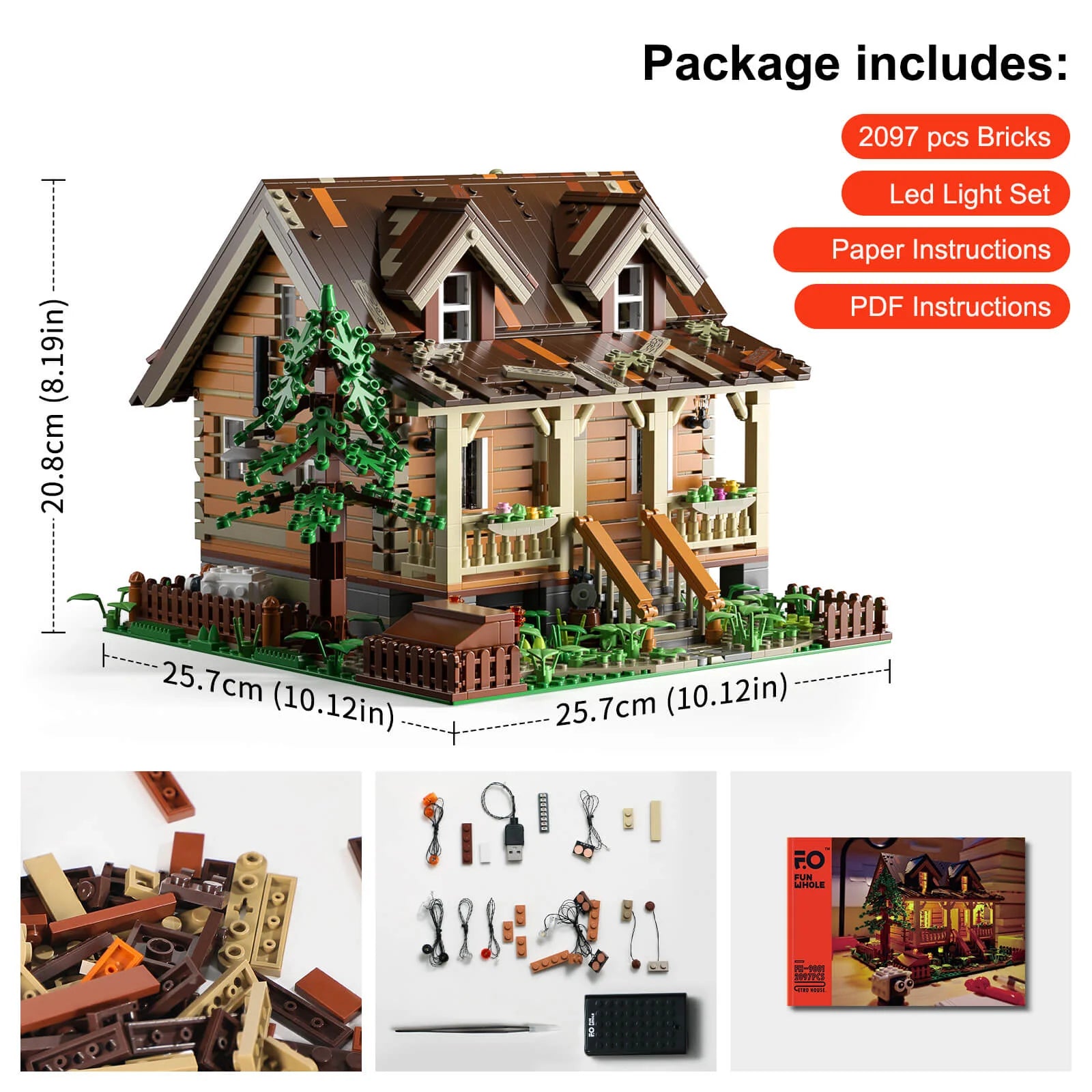 Funwhole Wood Cabin FH9001 set includes 2097 bricks, LED light set, paper and PDF instructions, and essential building accessories