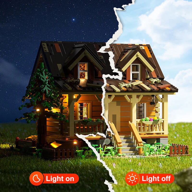 Funwhole Wood Cabin FH9001 with day and night mode, featuring detailed log cabin design and warm LED lighting effects