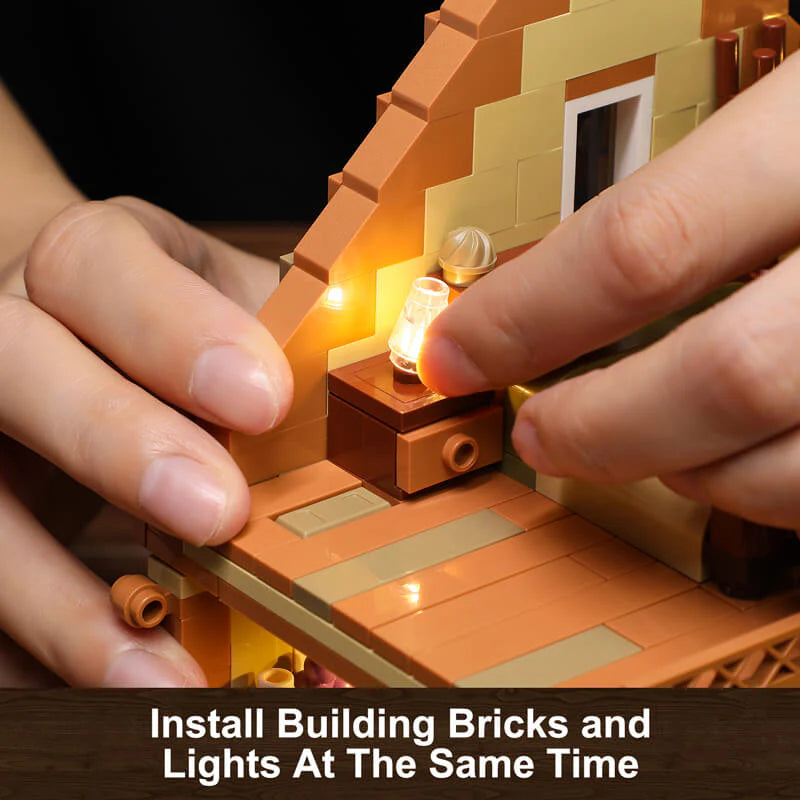 Funwhole Wood Cabin set allows seamless installation of building bricks and LED lights simultaneously for an immersive experience