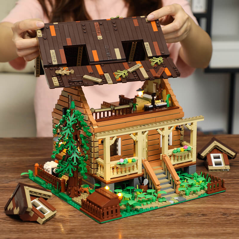 Funwhole Wood Cabin with removable roof, showcasing its modular design and detailed interior for immersive building fun