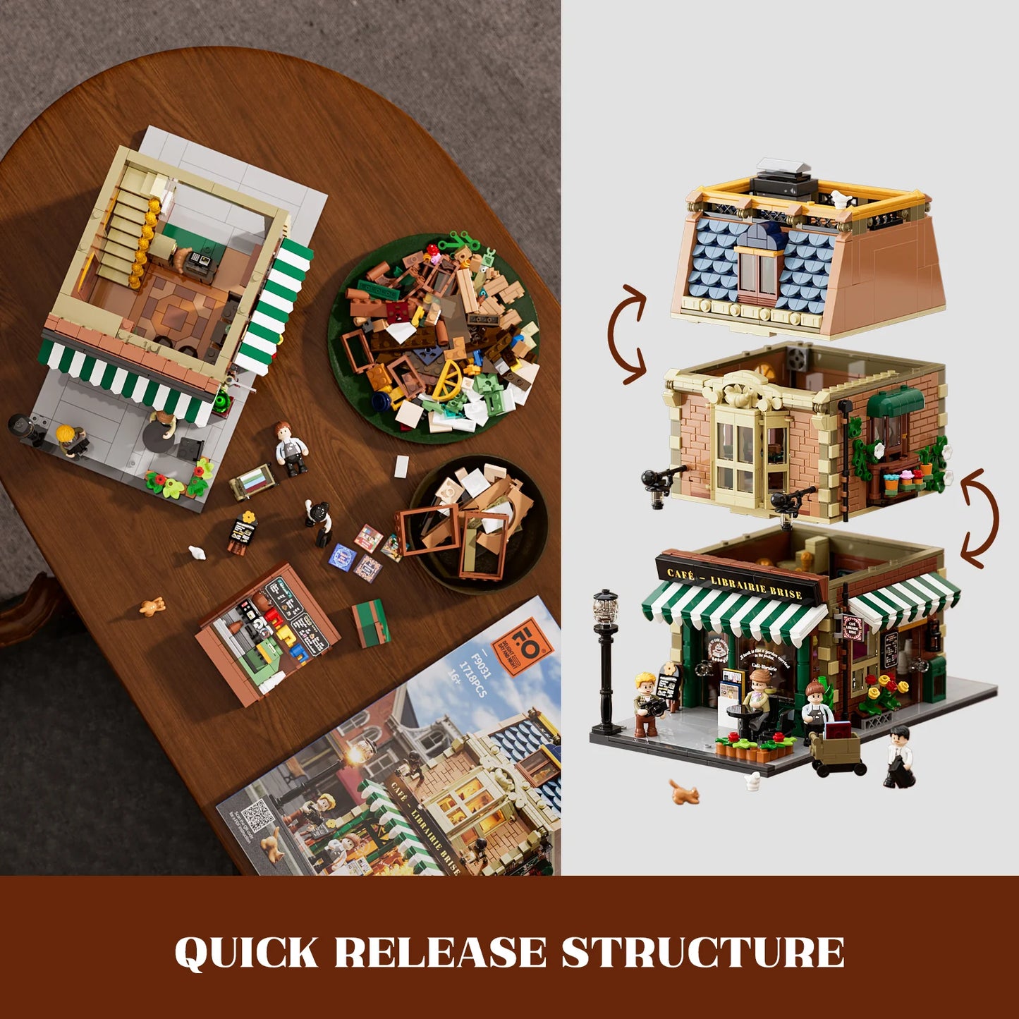 Funwhole Book Cafe modular set with quick-release structure, detachable floors, and detailed interiors for creative building fun.