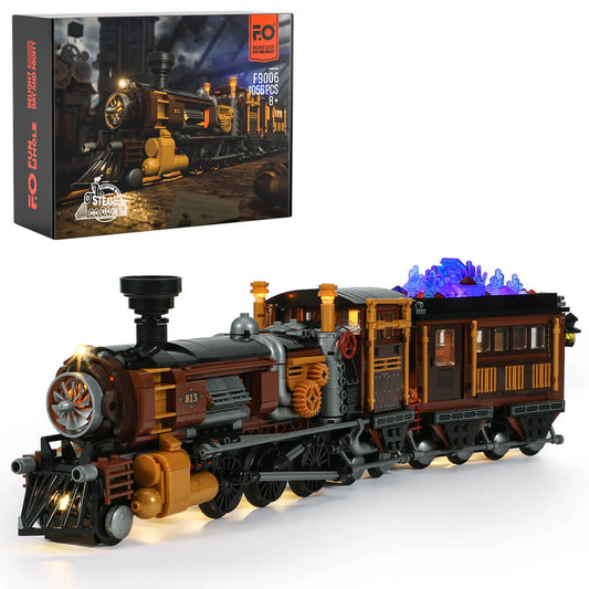 Lumibricks F9006 Steampunk Ore Train box set with detailed locomotive, ore car, and glowing LED lights on display