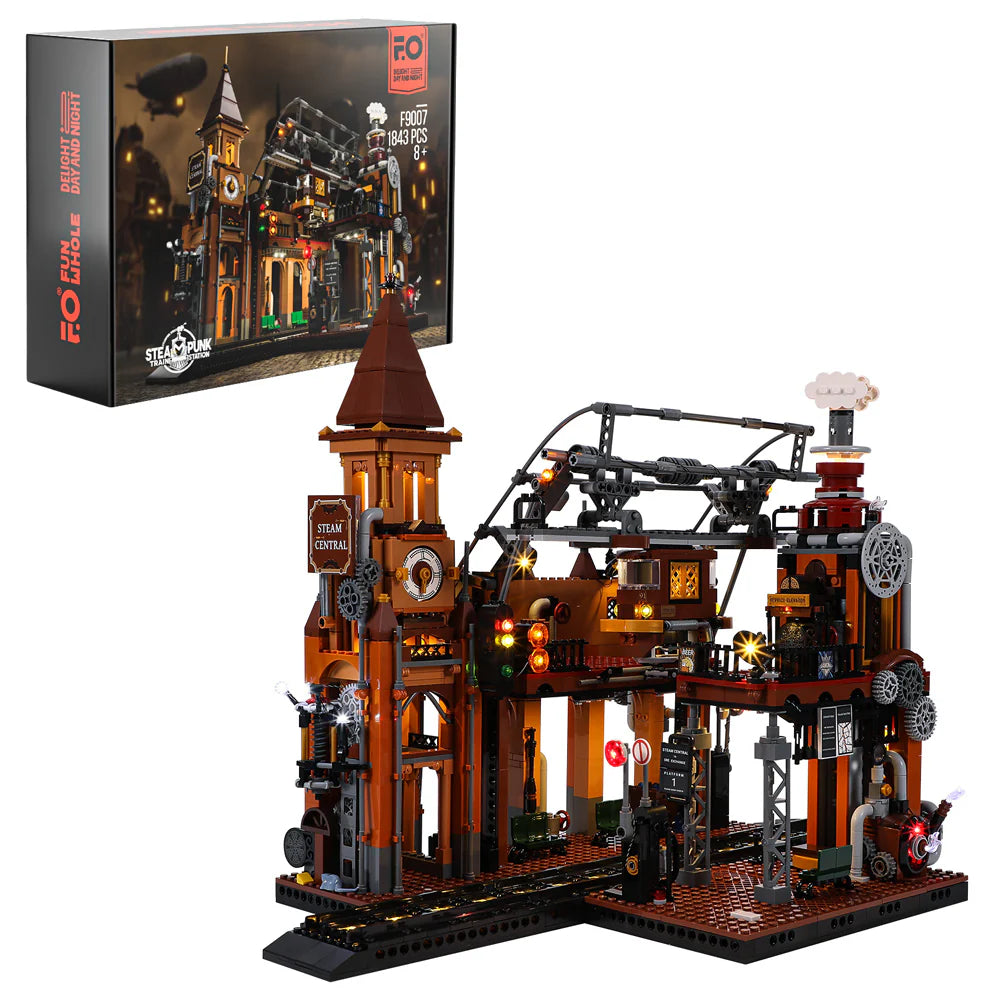 Lumibricks F9007 Steampunk Train Station box set with detailed Victorian station, gears, and glowing LED lights