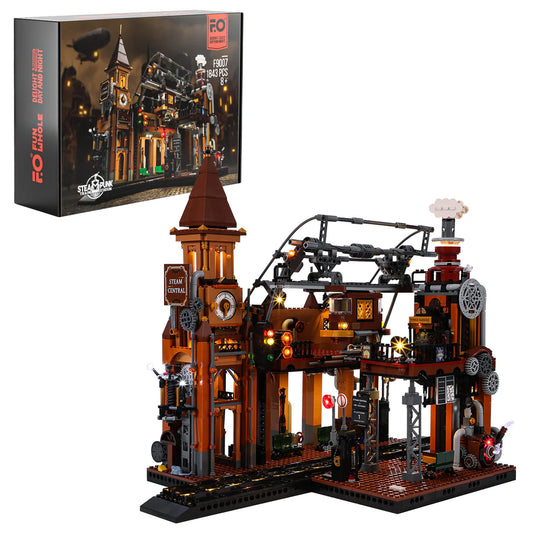 Lumibricks F9007 Steampunk Train Station box set with detailed Victorian station, gears, and glowing LED lights