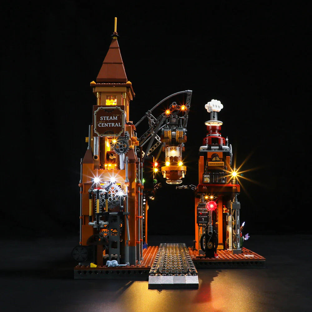 Lumibricks F9007 Steampunk Train Station box set with detailed Victorian station, gears, and glowing LED lights