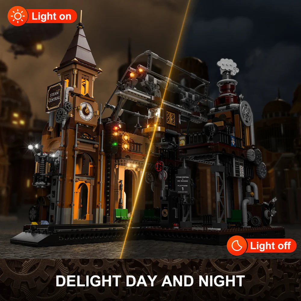 Lumibricks F9007 Steampunk Train Station showing day and night lighting, clock tower, gears, and Steam Central sign