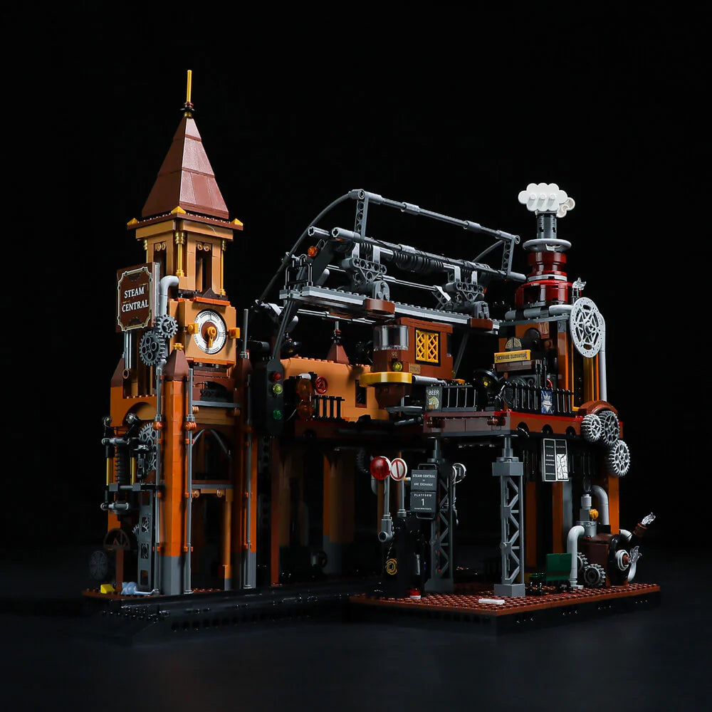 Lumibricks F9007 Steampunk Train Station daytime view showing detailed gears, clock tower, and Victorian elements