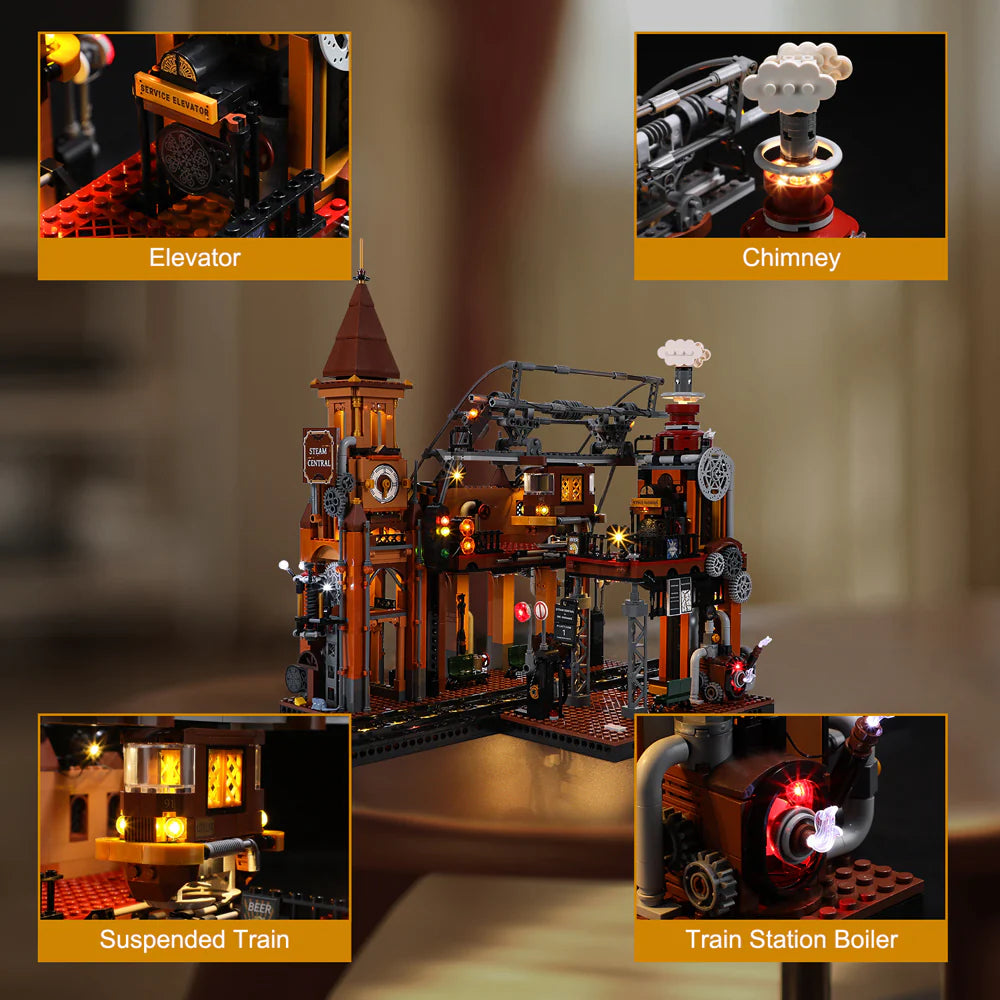 Lumibricks F9007 Steampunk Train Station details: elevator, chimney with steam, suspended train, and boiler with LED lights