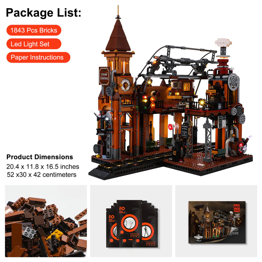 Lumibricks F9007 Steampunk Train Station package contents with assembled station, brick bags, paper instructions, and set dimensions