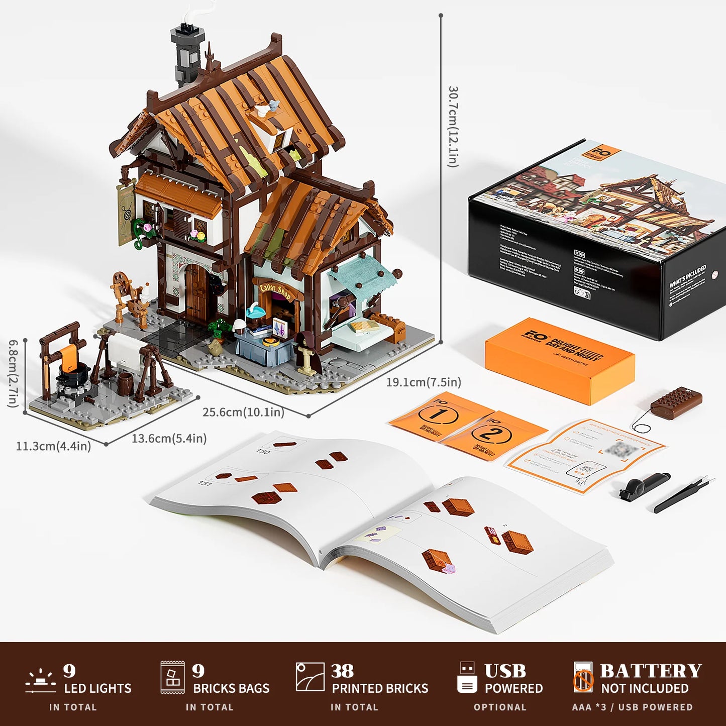 Lumibricks F9007 Steampunk Train Station package contents with assembled station, brick bags, LED light kit, instructions, and set dimensions