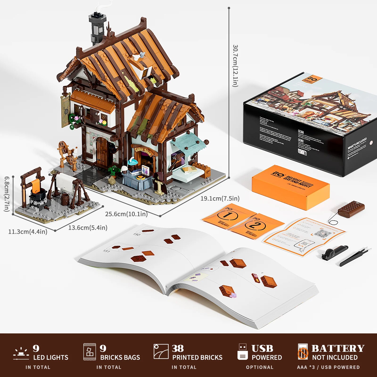 Lumibricks F9007 Steampunk Train Station package contents with assembled station, brick bags, LED light kit, instructions, and set dimensions