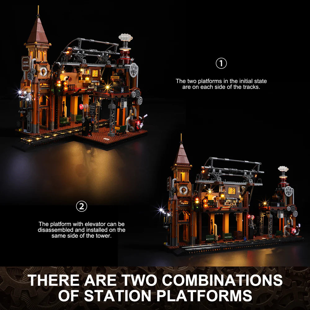 Lumibricks F9007 Steampunk Train Station with two platform combinations, elevator, and LED lights on both sides