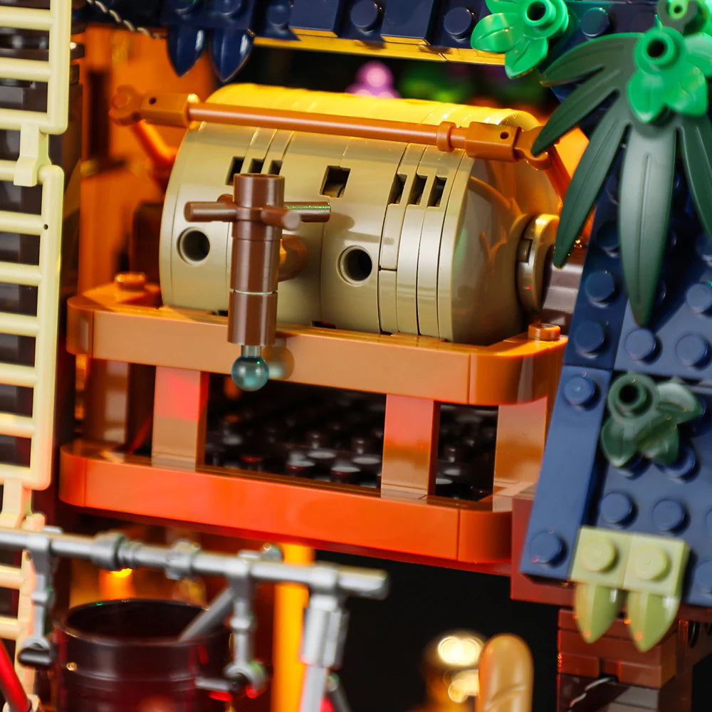 Lumibricks F9011 Medieval Pier Inn barrel storage loft with greenery and architectural details under blue roof
