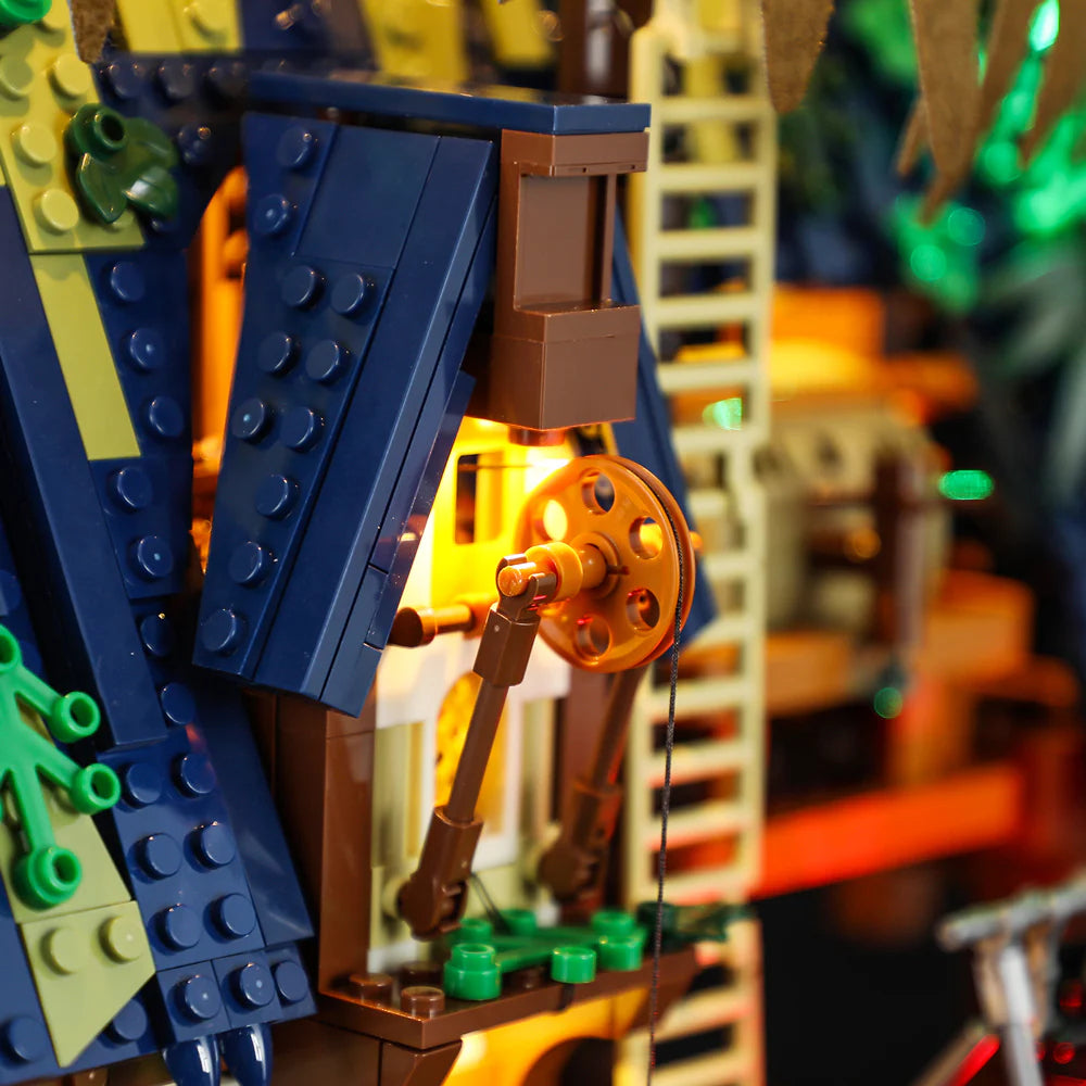 Lumibricks F9011 Medieval Pier Inn blue roof detail with working pulley and glowing window at night