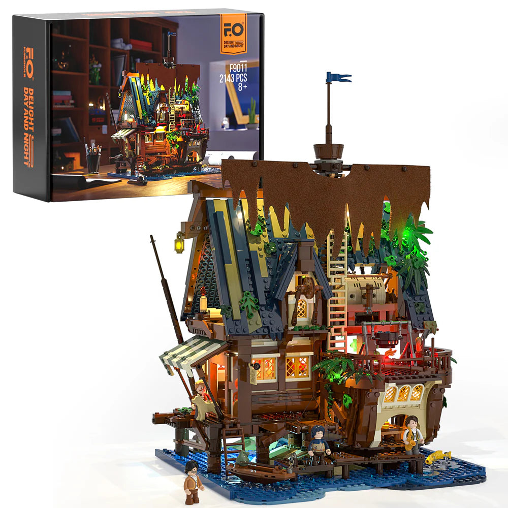 Lumibricks F9011 Medieval Pier Inn box set with illuminated medieval inn, harbor pier, minifigures, and water base