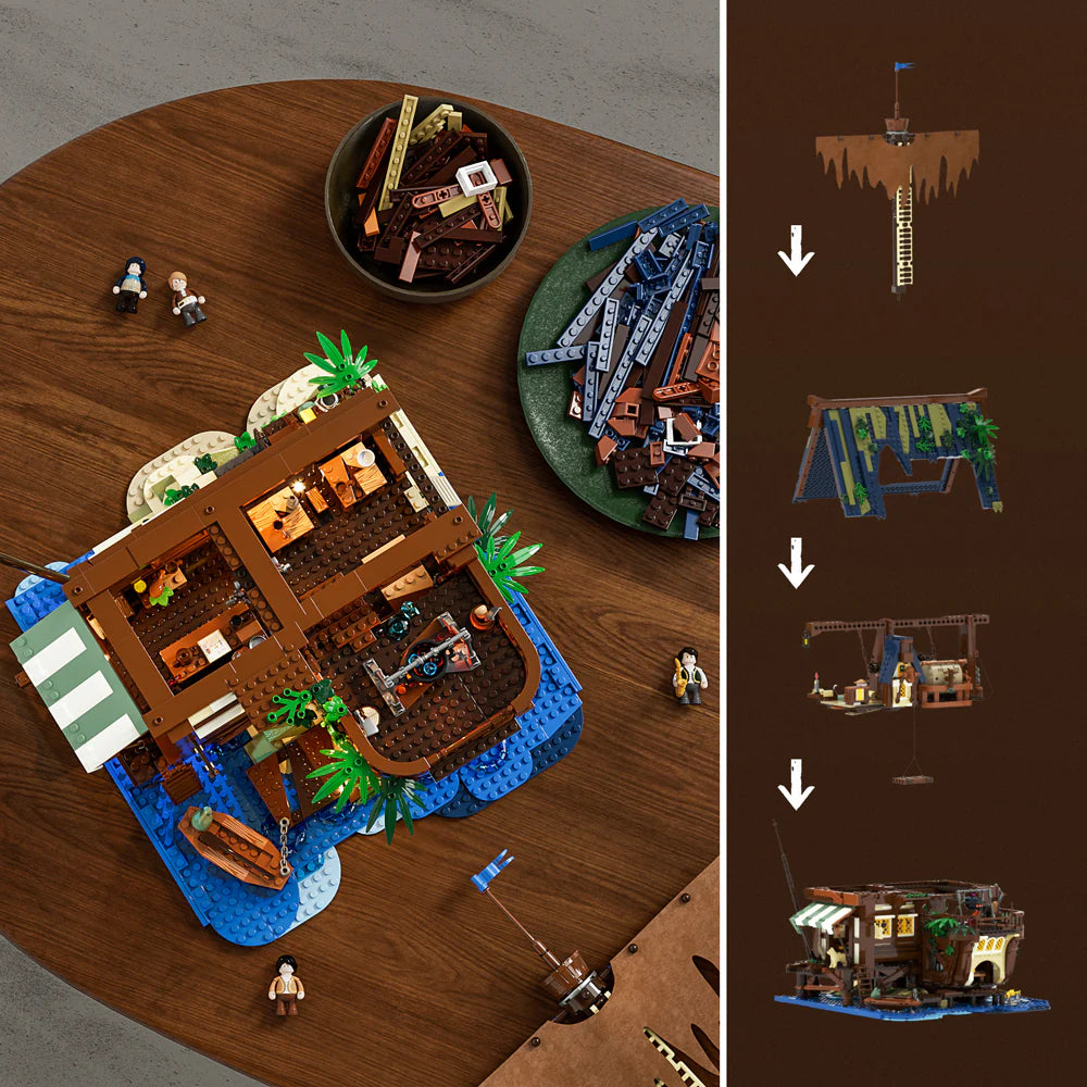 Lumibricks F9011 Medieval Pier Inn top view with building steps, showing modular layers and brick sorting bowls