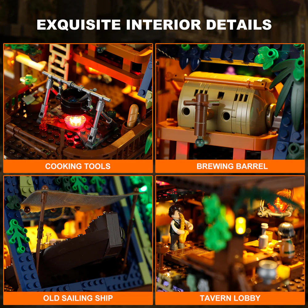 Lumibricks F9011 Medieval Pier Inn interior details: cooking tools, brewing barrel, old sailing ship, and tavern lobby