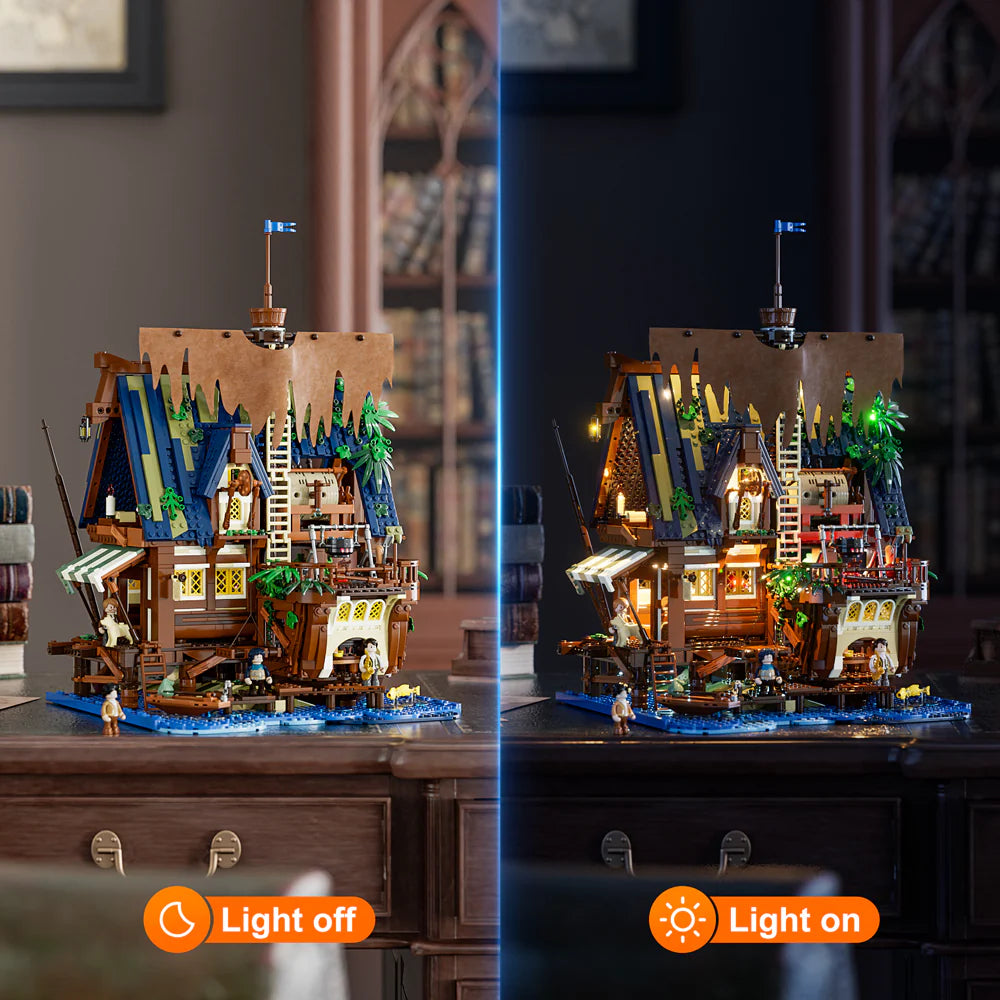 Lumibricks F9011 Medieval Pier Inn shown with lights off and on, detailed inn model on wooden table for display