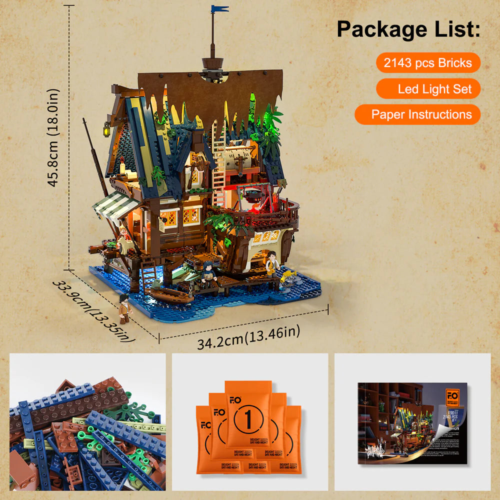 Lumibricks F9011 Medieval Pier Inn package contents with set dimensions, brick bags, LED light kit, and instructions